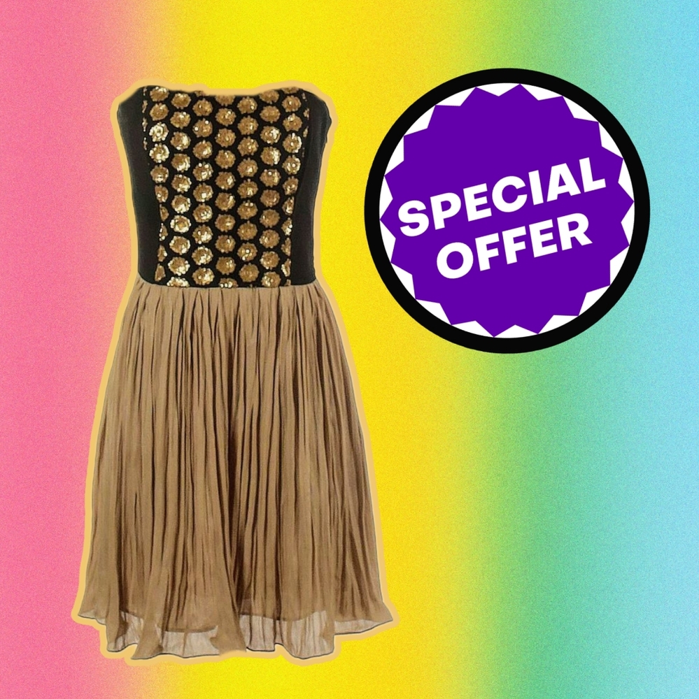 RACHEL by Rachel Roy BLACK&GOLD-STRAPLESS-EUC-STRAPLESS-PLEAT- GOWN-POCKETS.RARE